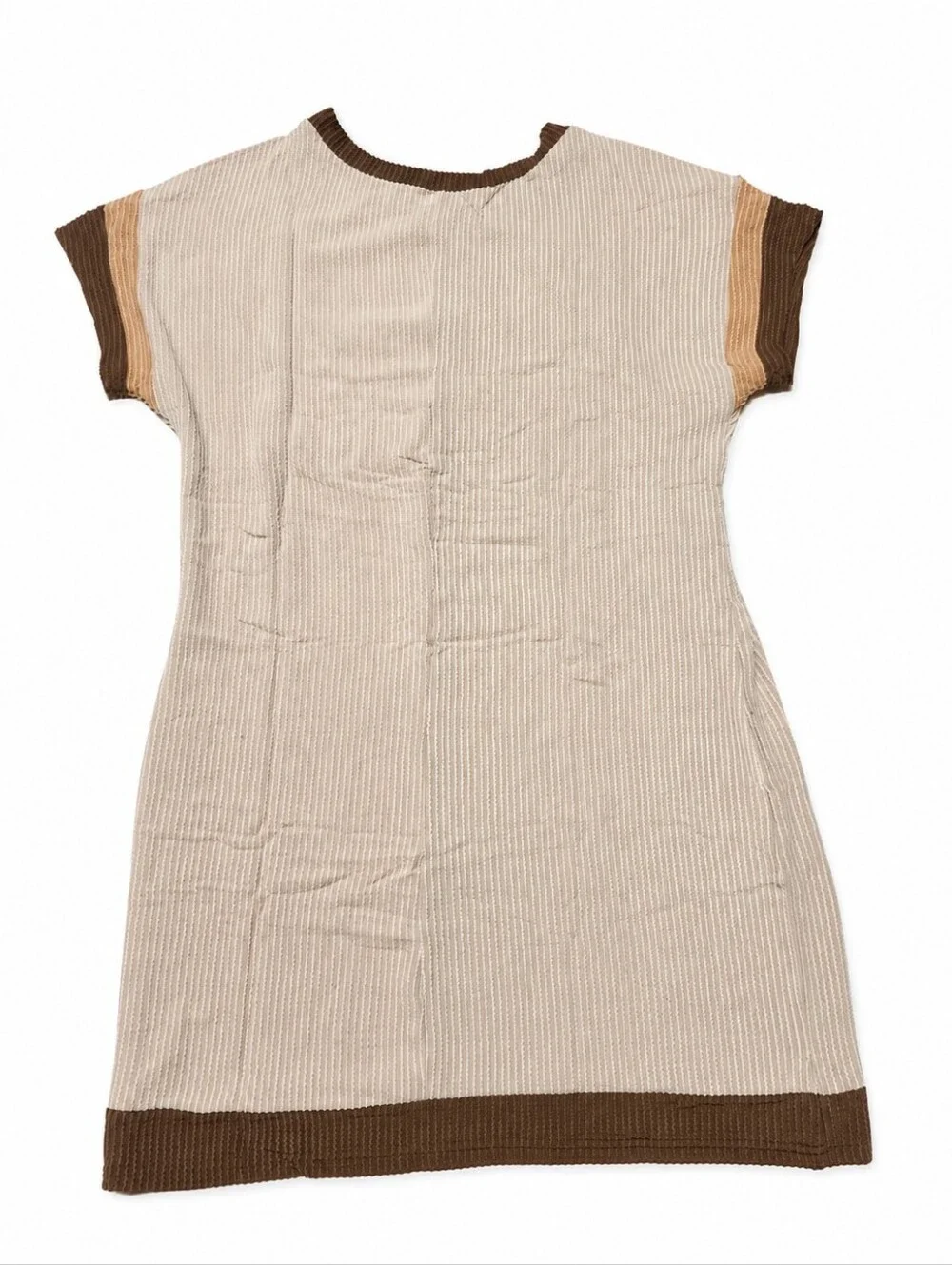 Women’s Brown Cream Striped Ribbed T-Shirt Dress Pocket Size M New